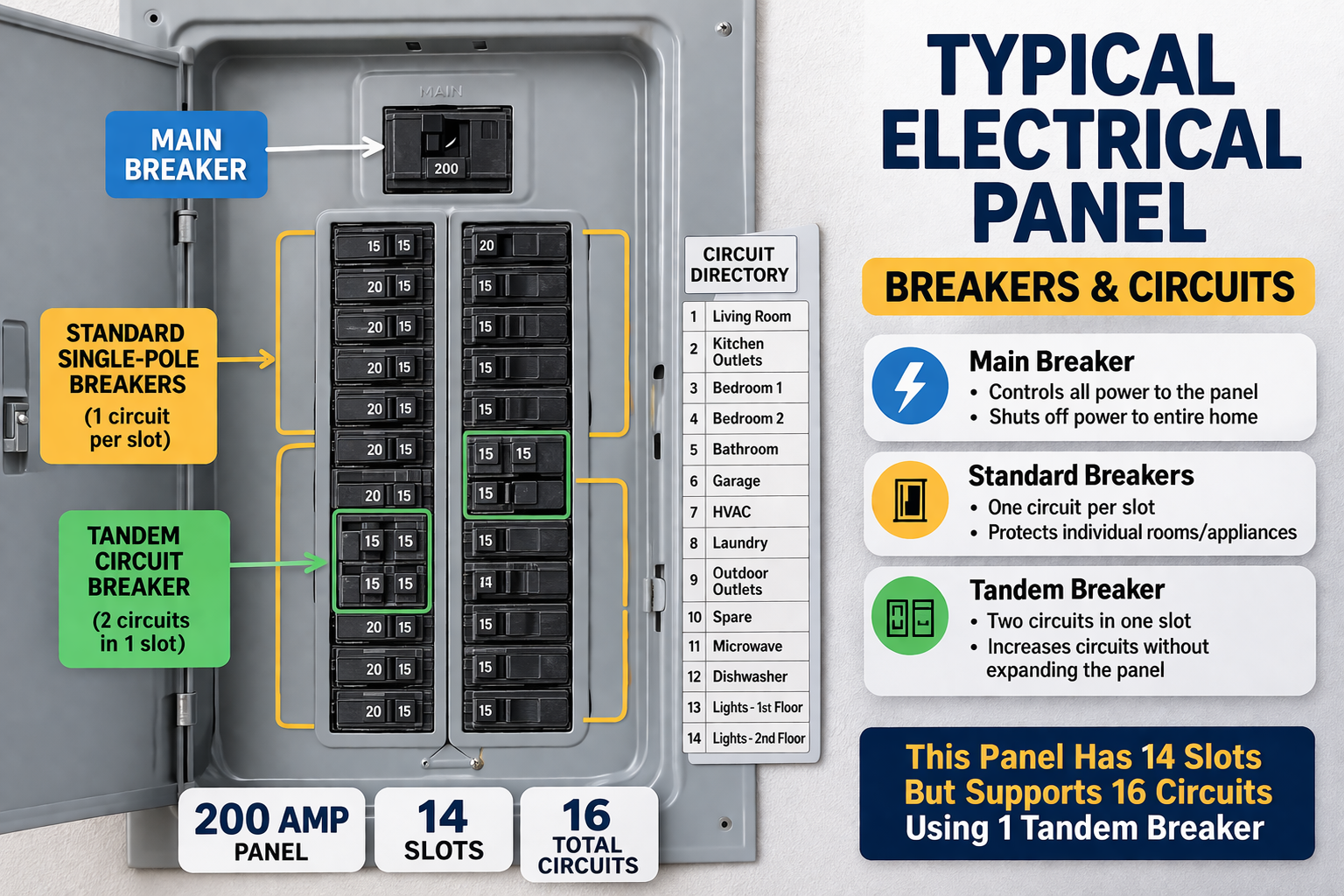 Typical electrical panel with circuit breakers installed
